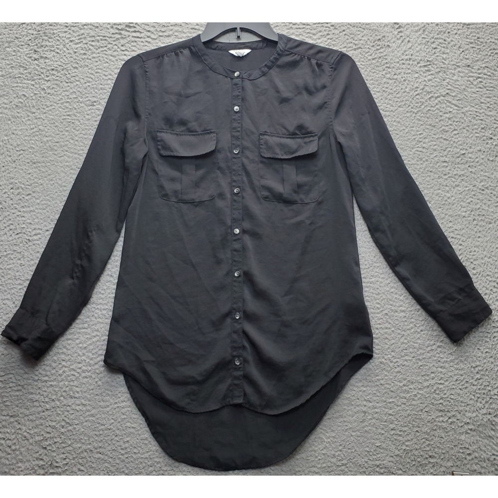 Calvin Klein Shirt Top Womens Size S/P‎ Black Long Sleeve High Low Button Front